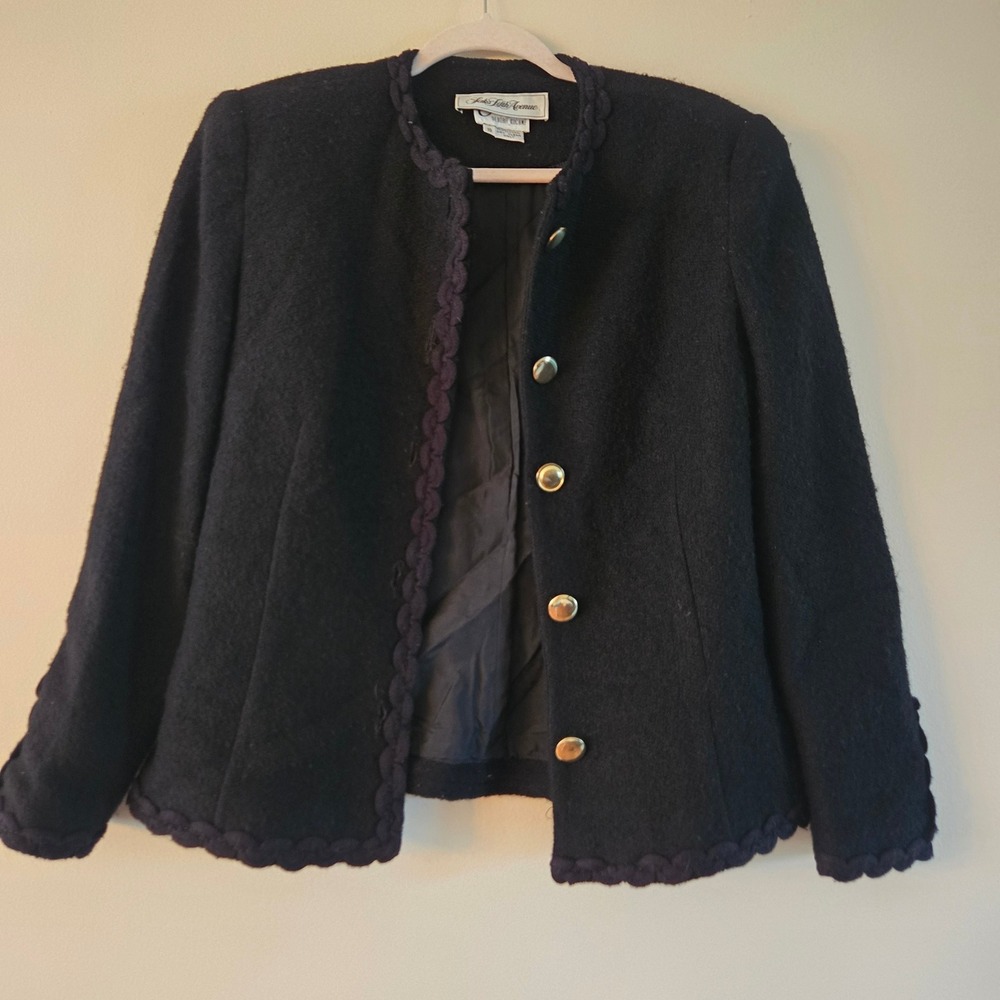 Saks Fifth Avenue Debora Kuchme Black Wool Blazer Braided Trim Gold Buttons 10
